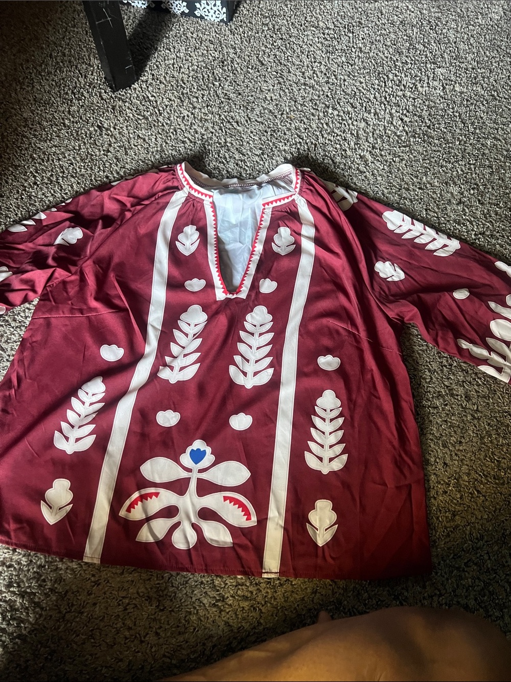 Source Unknown Maroon Peasant Blouse with White Folk Embroidery